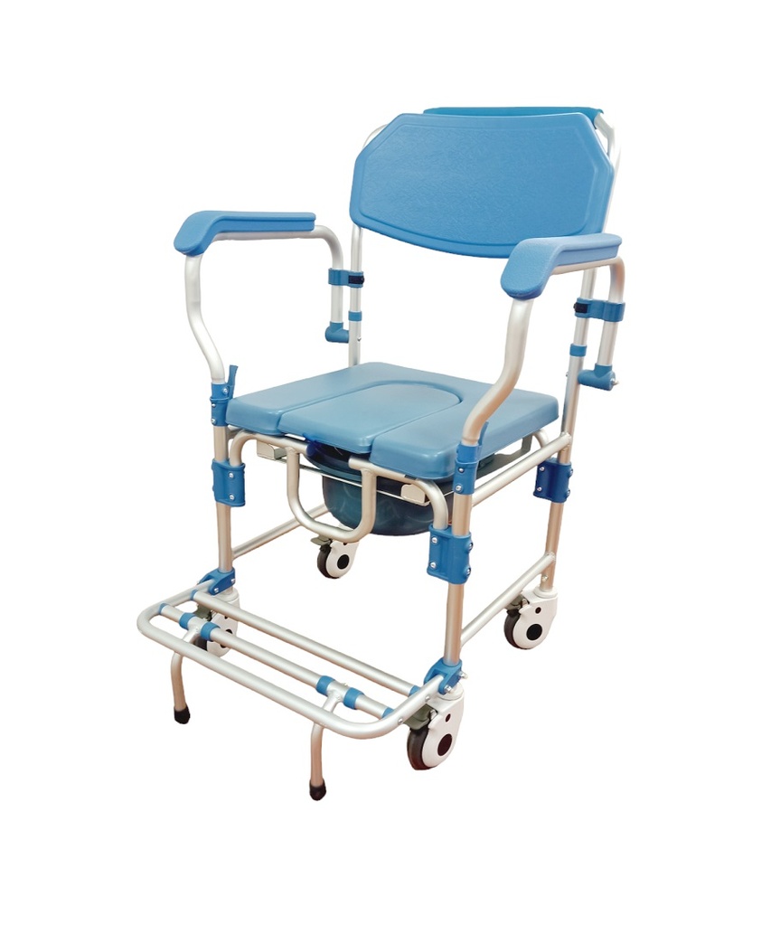 SILLA COMODO DUCHA MOBICARE ECB26 AZUL DE ALUMINIO 4 RUEDAS Y DESCANSAPIES