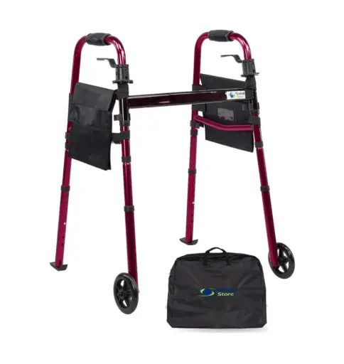 [012059] ANDADERA MEDICAL ORTOPÉDICA 62001MS CON RUEDAS DELANTERAS PALANCA PLEGABLE CON BOLSA DE ALUMINIO ROJ